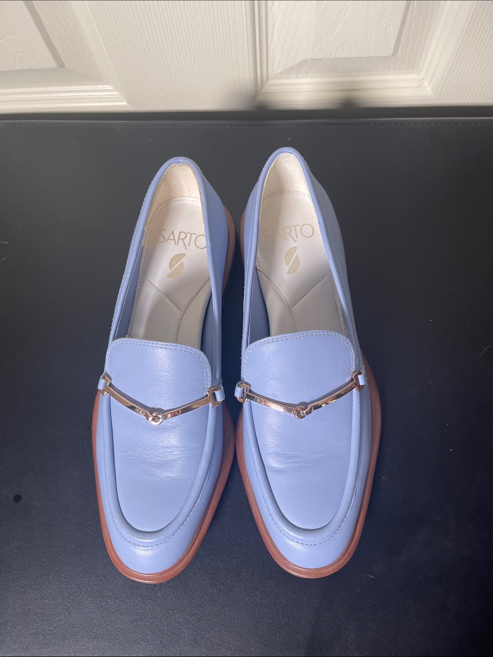 SARTO By Franco Sarto Powder Blue Leather Loafers with Gold Bit - Picture 3 of 10